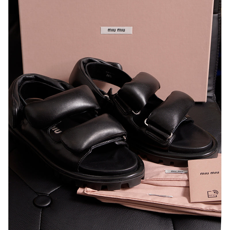 36.5 NEW $1,050 MIU MIU Black PUFFY SUPPLE LEATHER Rugged Rubber Sole SANDALS