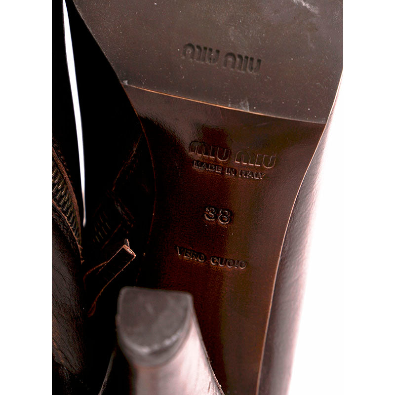 38 VINTAGE MIU MIU Brown Leather CHUNKY HIGH HEEL Y2K Booties ANKLE BOOTS 37.5