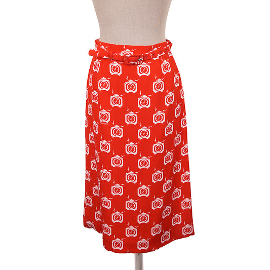 38 US 2 NEW $1,790 MIU MIU Orange RETRO CLOCK PRINT Spring Summer BELTED SKIRT