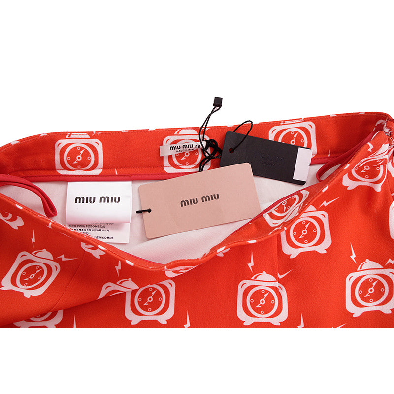 38 US 2 NEW $1,790 MIU MIU Orange RETRO CLOCK PRINT Spring Summer BELTED SKIRT