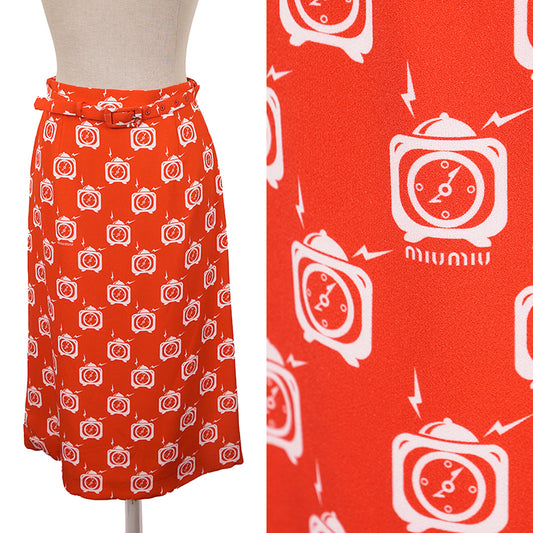 38 US 2 NEW $1,790 MIU MIU Orange RETRO CLOCK PRINT Spring Summer BELTED SKIRT