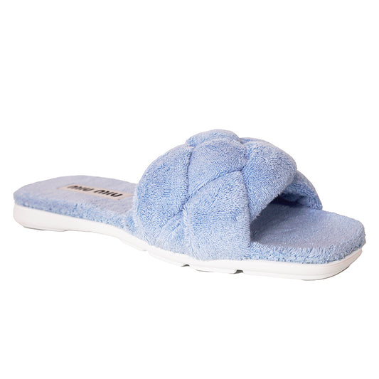36.5/37 NEW $875 MIU MIU Celeste Blue TERRY CLOTH Braided Strap Slide SANDALS NIB 7