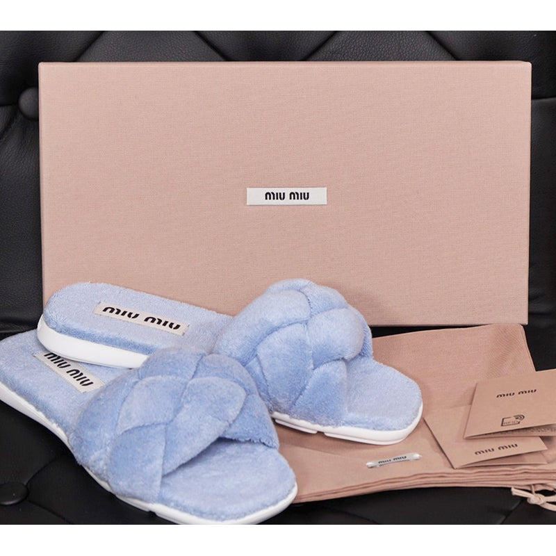 36.5/37 NEW $875 MIU MIU Celeste Blue TERRY CLOTH Braided Strap Slide SANDALS NIB 7
