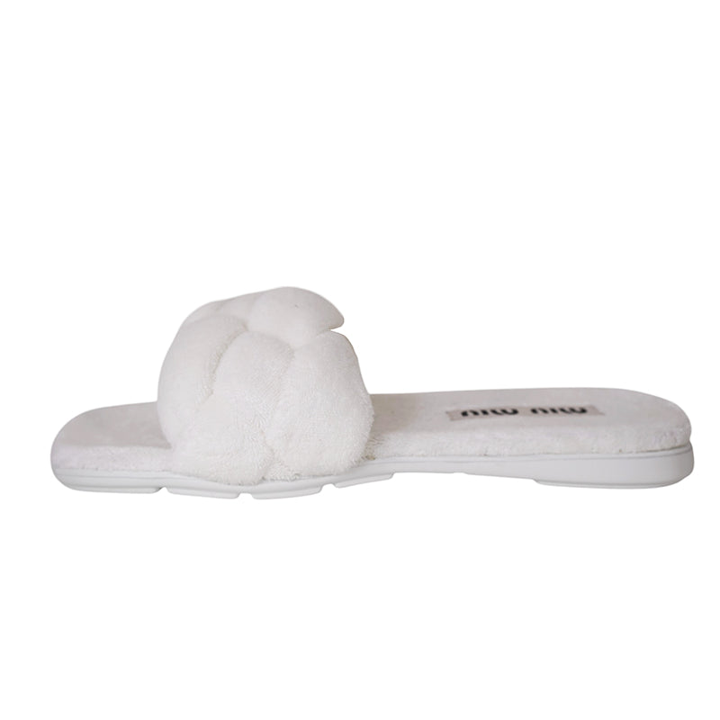37 NEW $875 MIU MIU Bianco White TERRY CLOTH Braided Strap Slide SANDALS NIB 7
