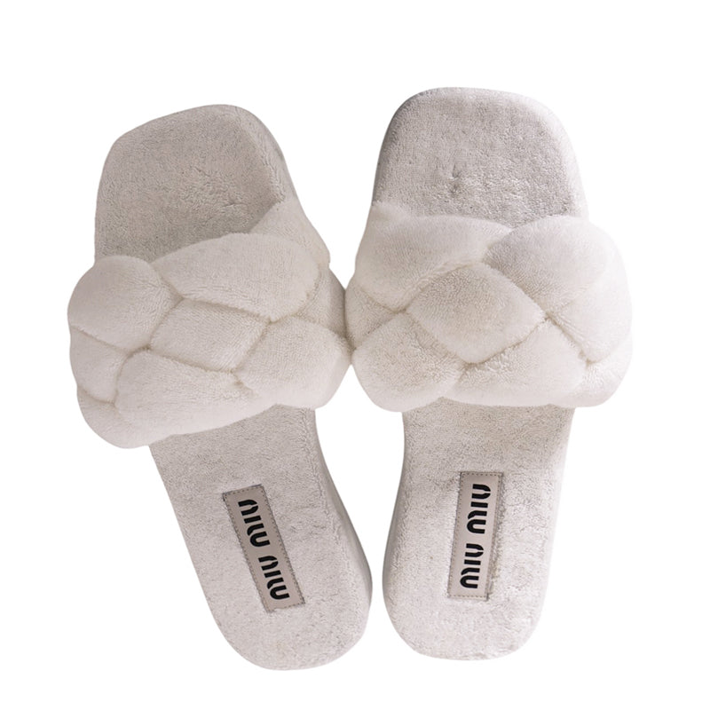 37 NEW $875 MIU MIU Bianco White TERRY CLOTH Braided Strap Slide SANDALS NIB 7