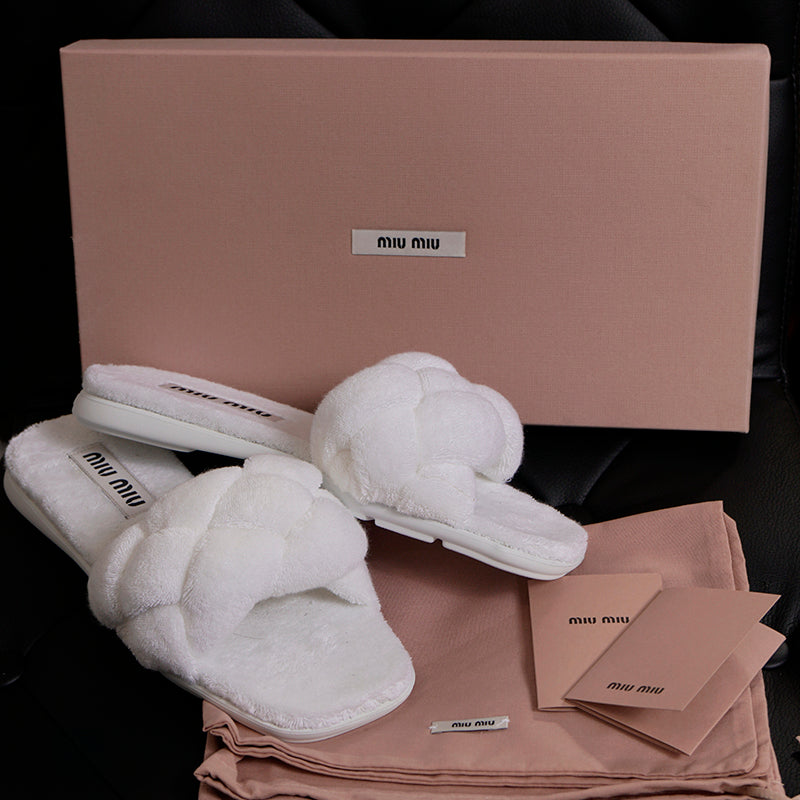 37 NEW $875 MIU MIU Bianco White TERRY CLOTH Braided Strap Slide SANDALS NIB 7