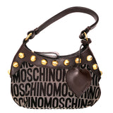 VINTAGE MOSCHINO Brown Monogram Canvas & Leather Trim STUDDED SHOULDER Small BAG