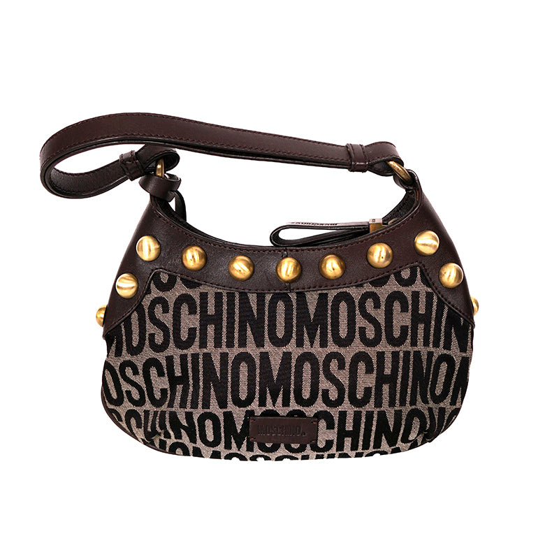 VINTAGE MOSCHINO Brown Monogram Canvas & Leather Trim STUDDED SHOULDER Small BAG