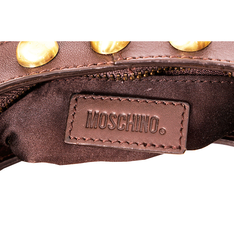 VINTAGE MOSCHINO Brown Monogram Canvas & Leather Trim STUDDED SHOULDER Small BAG