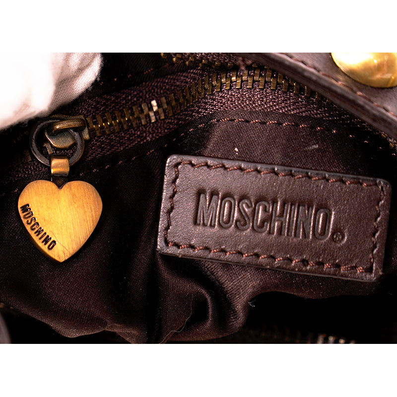 VINTAGE MOSCHINO Brown Monogram Canvas & Leather Trim STUDDED SHOULDER Small BAG