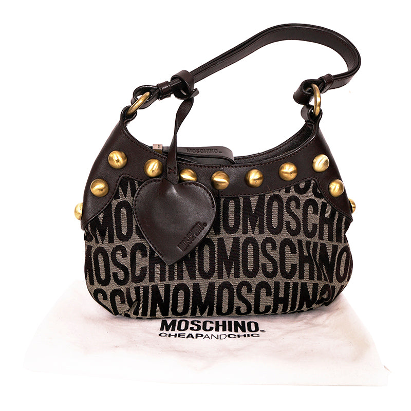 VINTAGE MOSCHINO Brown Monogram Canvas & Leather Trim STUDDED SHOULDER Small BAG