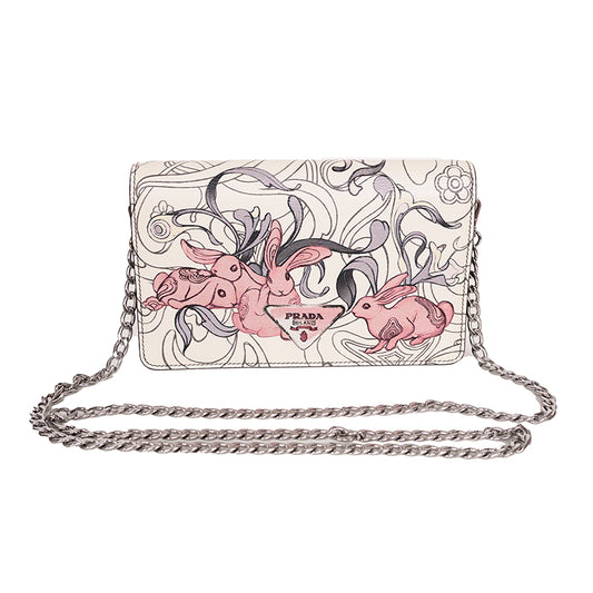 NEW PRADA x James Jean 2018 RUNWAY Rabbit BUNNY PRINT Glacé Calf Leather BAG NIB
