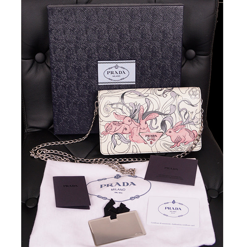 NEW PRADA x James Jean 2018 RUNWAY Rabbit BUNNY PRINT Glacé Calf Leather BAG NIB