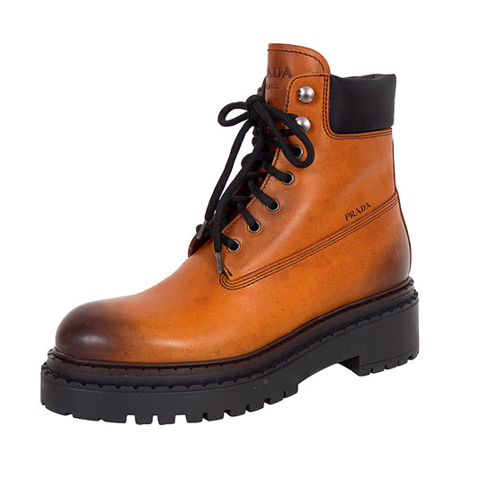 36.5 NEW $1550 PRADA Camel OMBRE Leather & RE-NYLON Ankle COMBAT BOOTS 6.5 NIB