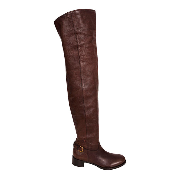 37 VINTAGE $2,050 PRADA Brown Rugged Leather OVER THE KNEE Tall Low Heel BOOTS