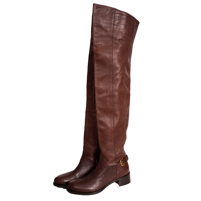 37 VINTAGE $2,050 PRADA Brown Rugged Leather OVER THE KNEE Tall Low Heel BOOTS