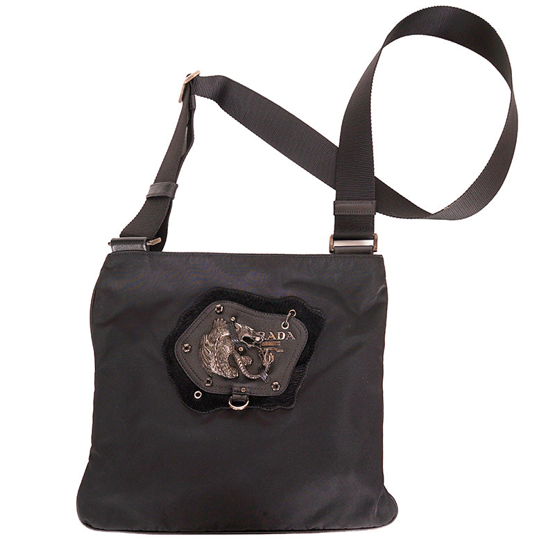 VINTAGE PRADA Black Nylon Saffiano GRIFFIN SNAKE CHIMERA LOGO Crossbody BAG EUC