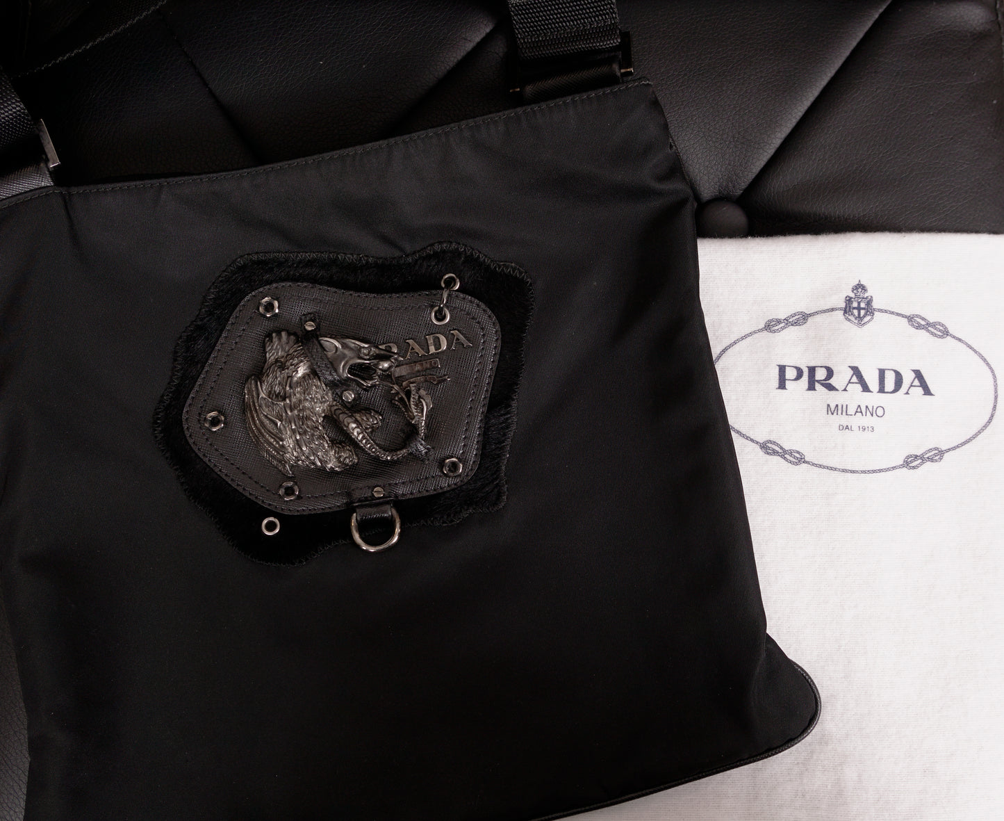 VINTAGE PRADA Black Nylon Saffiano GRIFFIN SNAKE CHIMERA LOGO Crossbody BAG EUC