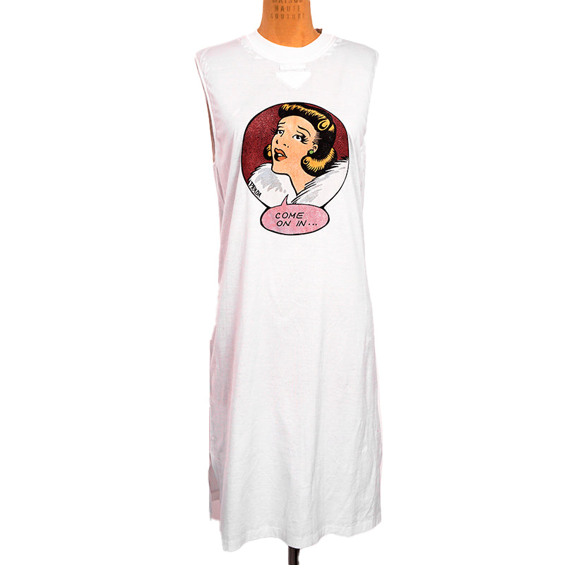 sz S NEW $1680 PRADA Runway White GRAPHIC CARTOON COMIC Come On In T-Shirt DRESS