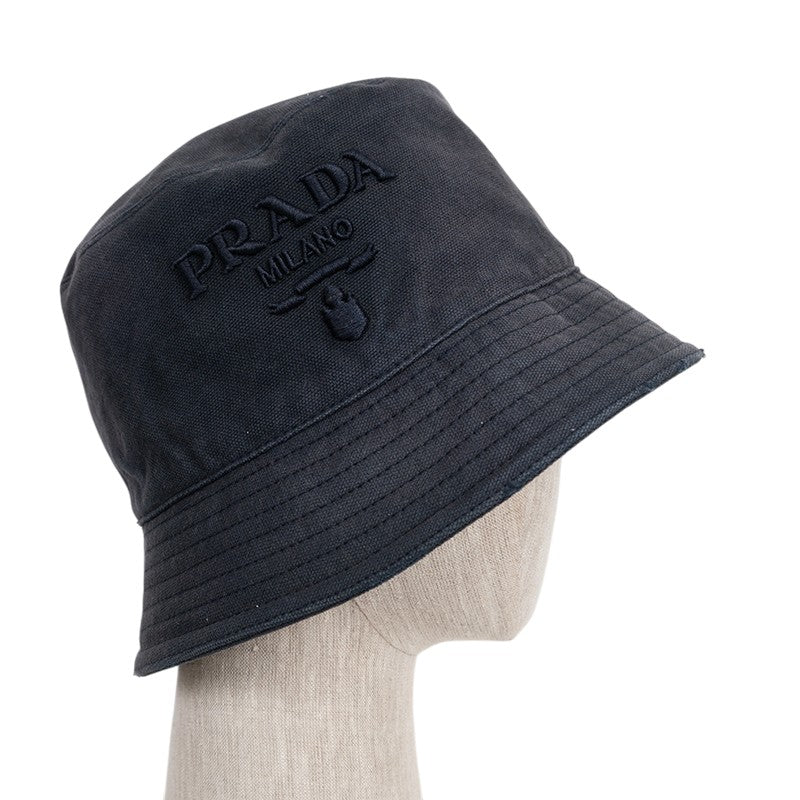 sz XS NEW $895 PRADA Navy Blue Rustic Cotton Canvas LOGO-Embroidered BUCKET HAT