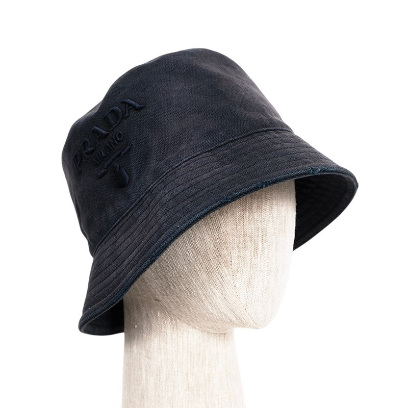 sz XS NEW $895 PRADA Navy Blue Rustic Cotton Canvas LOGO-Embroidered BUCKET HAT