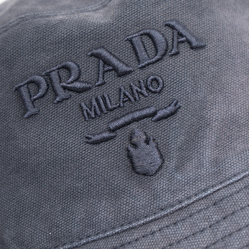 sz XS NEW $895 PRADA Navy Blue Rustic Cotton Canvas LOGO-Embroidered BUCKET HAT