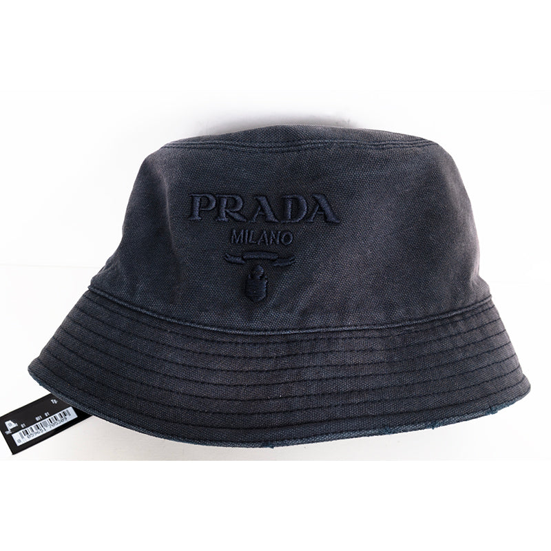 sz XS NEW $895 PRADA Navy Blue Rustic Cotton Canvas LOGO-Embroidered BUCKET HAT