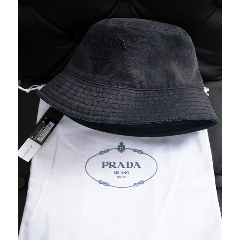 sz XS NEW $895 PRADA Navy Blue Rustic Cotton Canvas LOGO-Embroidered BUCKET HAT