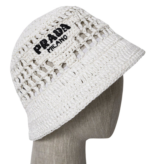 S NEW $1,020 PRADA White CROCHET RAFFIA Viscose LOGO Summer Vacation BUCKET HAT