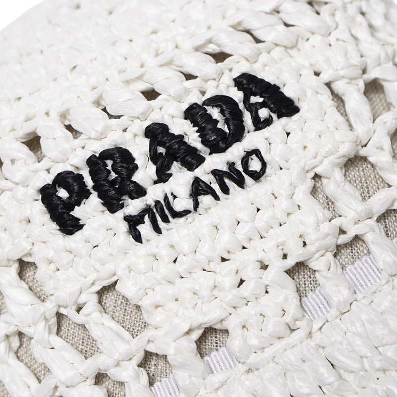 S NEW $1,020 PRADA White CROCHET RAFFIA Viscose LOGO Summer Vacation BUCKET HAT