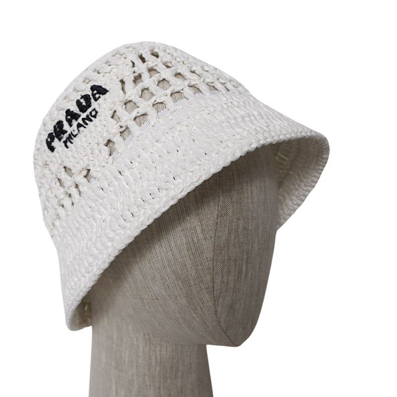 S NEW $1,020 PRADA White CROCHET RAFFIA Viscose LOGO Summer Vacation BUCKET HAT