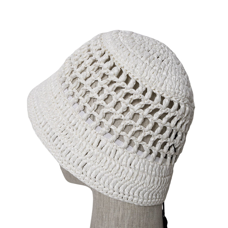 S NEW $1,020 PRADA White CROCHET RAFFIA Viscose LOGO Summer Vacation BUCKET HAT