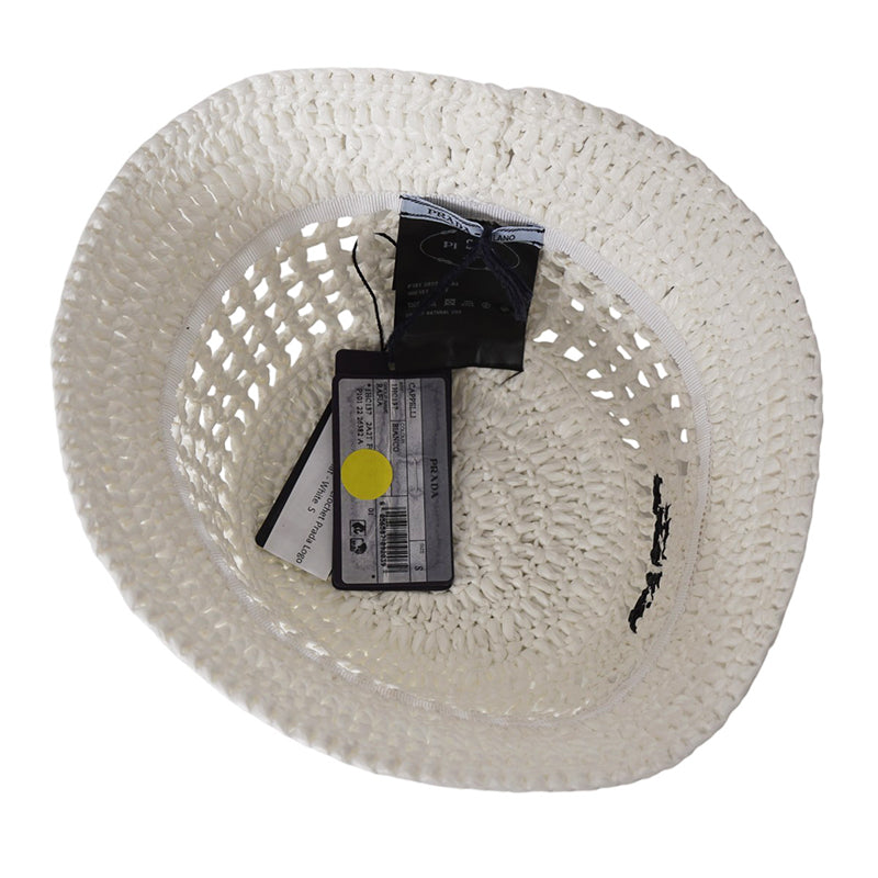S NEW $1,020 PRADA White CROCHET RAFFIA Viscose LOGO Summer Vacation BUCKET HAT