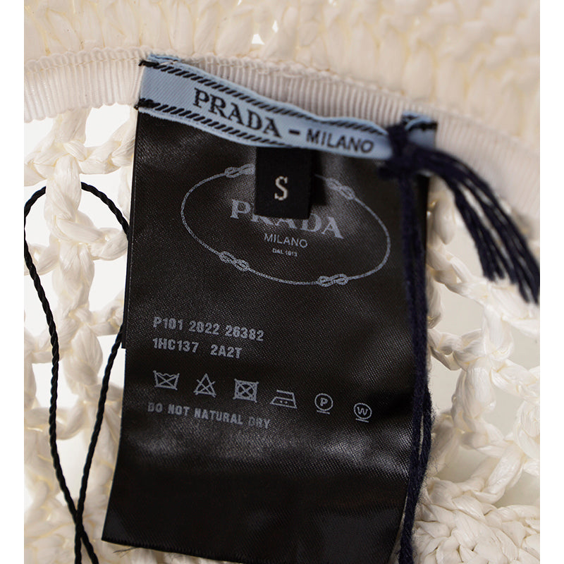 S NEW $1,020 PRADA White CROCHET RAFFIA Viscose LOGO Summer Vacation BUCKET HAT
