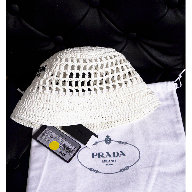 S NEW $1,020 PRADA White CROCHET RAFFIA Viscose LOGO Summer Vacation BUCKET HAT