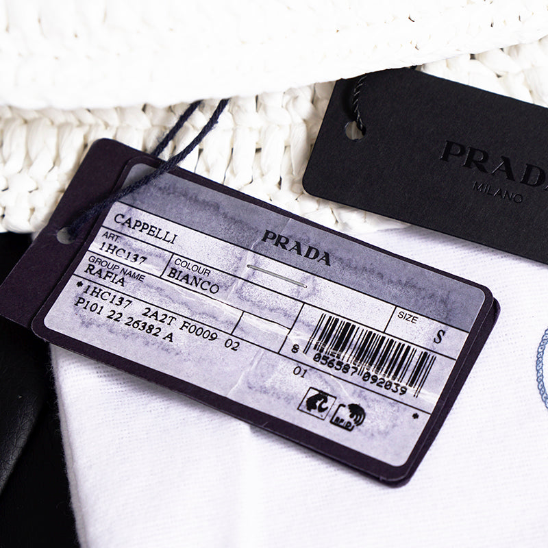 S NEW $1,020 PRADA White CROCHET RAFFIA Viscose LOGO Summer Vacation BUCKET HAT