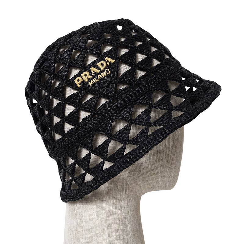 S/M NEW $1,050 PRADA Black CROCHET RAFFIA Viscose LOGO Summer Vacation BUCKET HAT