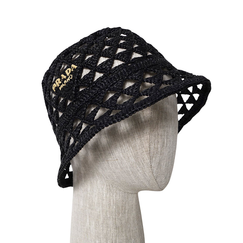S/M NEW $1,050 PRADA Black CROCHET RAFFIA Viscose LOGO Summer Vacation BUCKET HAT