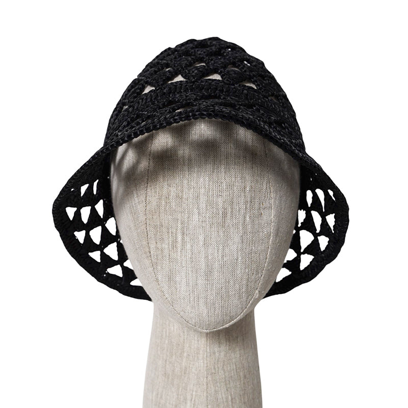 S/M NEW $1,050 PRADA Black CROCHET RAFFIA Viscose LOGO Summer Vacation BUCKET HAT
