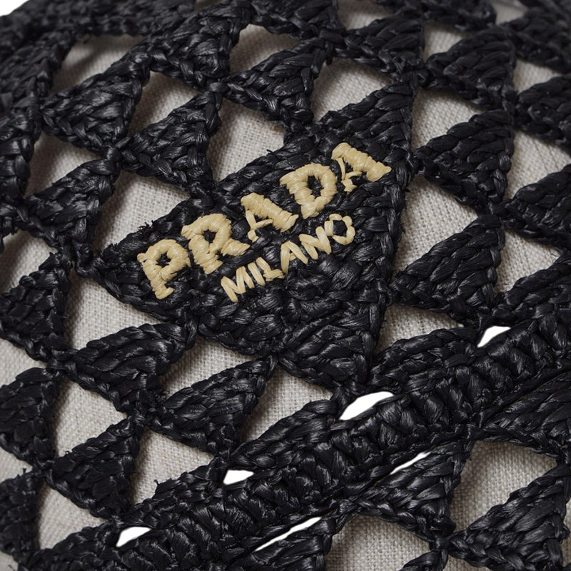 S/M NEW $1,050 PRADA Black CROCHET RAFFIA Viscose LOGO Summer Vacation BUCKET HAT
