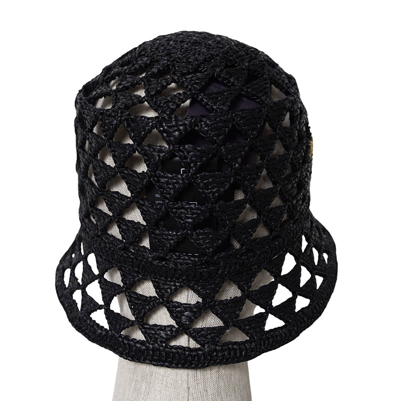 S/M NEW $1,050 PRADA Black CROCHET RAFFIA Viscose LOGO Summer Vacation BUCKET HAT