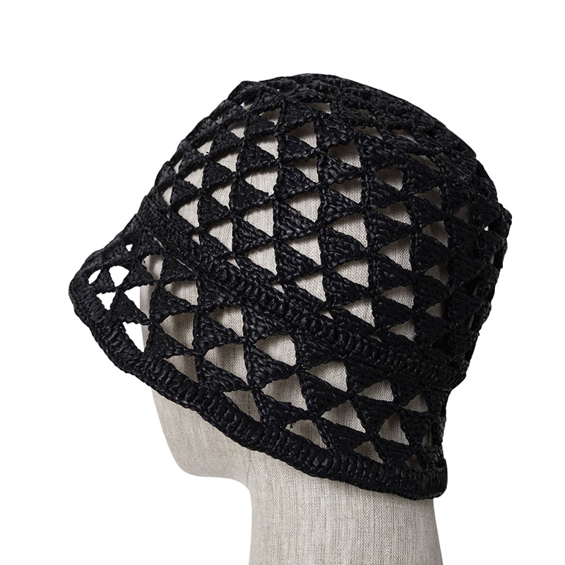 S/M NEW $1,050 PRADA Black CROCHET RAFFIA Viscose LOGO Summer Vacation BUCKET HAT