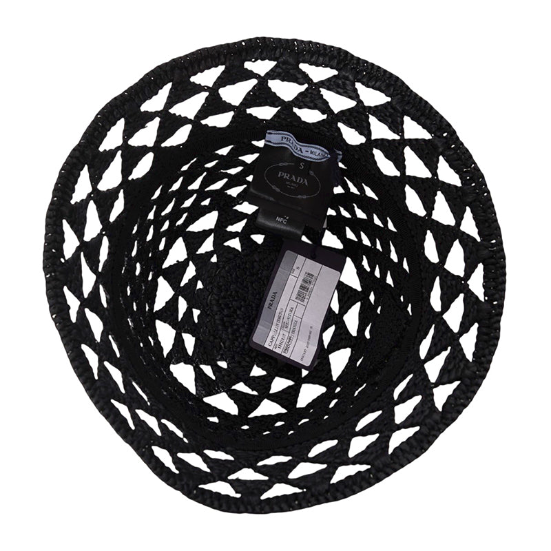 S/M NEW $1,050 PRADA Black CROCHET RAFFIA Viscose LOGO Summer Vacation BUCKET HAT