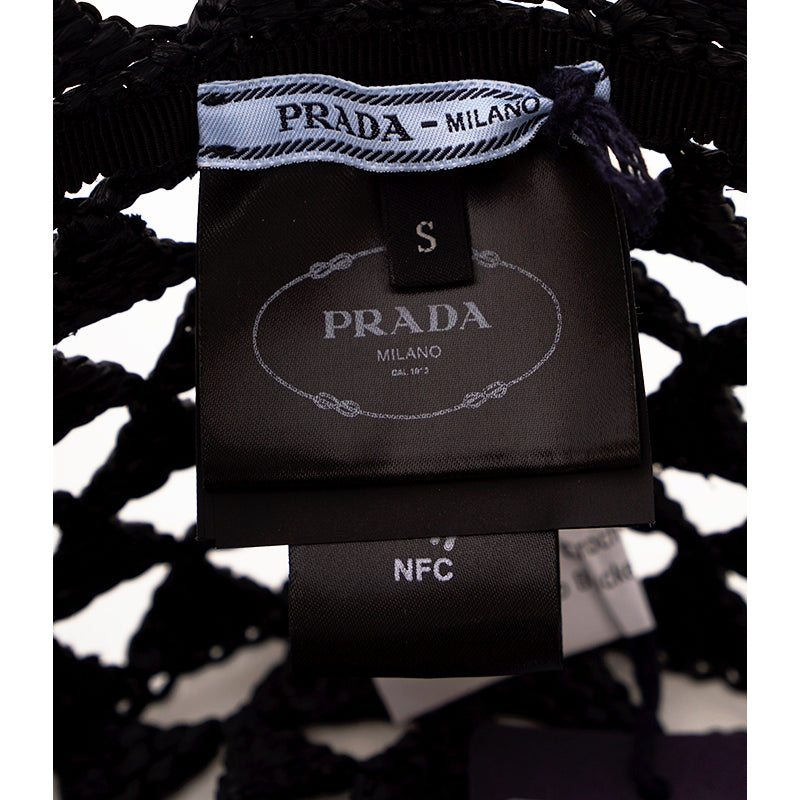 S/M NEW $1,050 PRADA Black CROCHET RAFFIA Viscose LOGO Summer Vacation BUCKET HAT