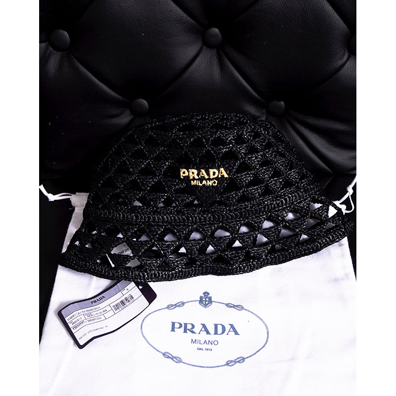 S/M NEW $1,050 PRADA Black CROCHET RAFFIA Viscose LOGO Summer Vacation BUCKET HAT