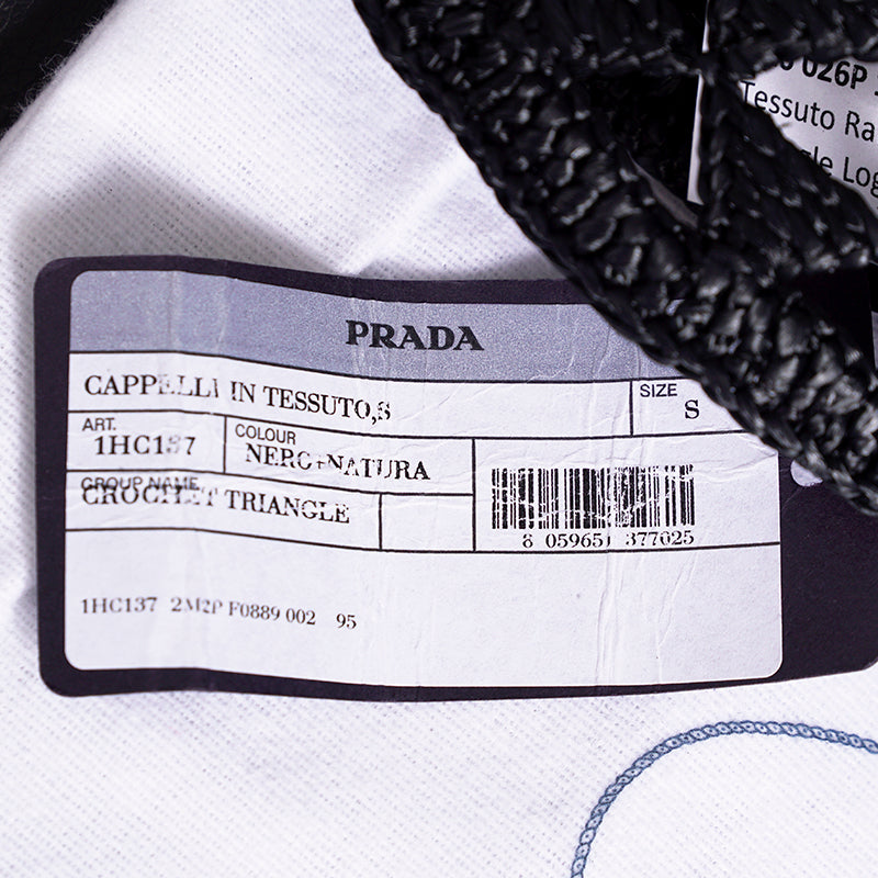 S/M NEW $1,050 PRADA Black CROCHET RAFFIA Viscose LOGO Summer Vacation BUCKET HAT