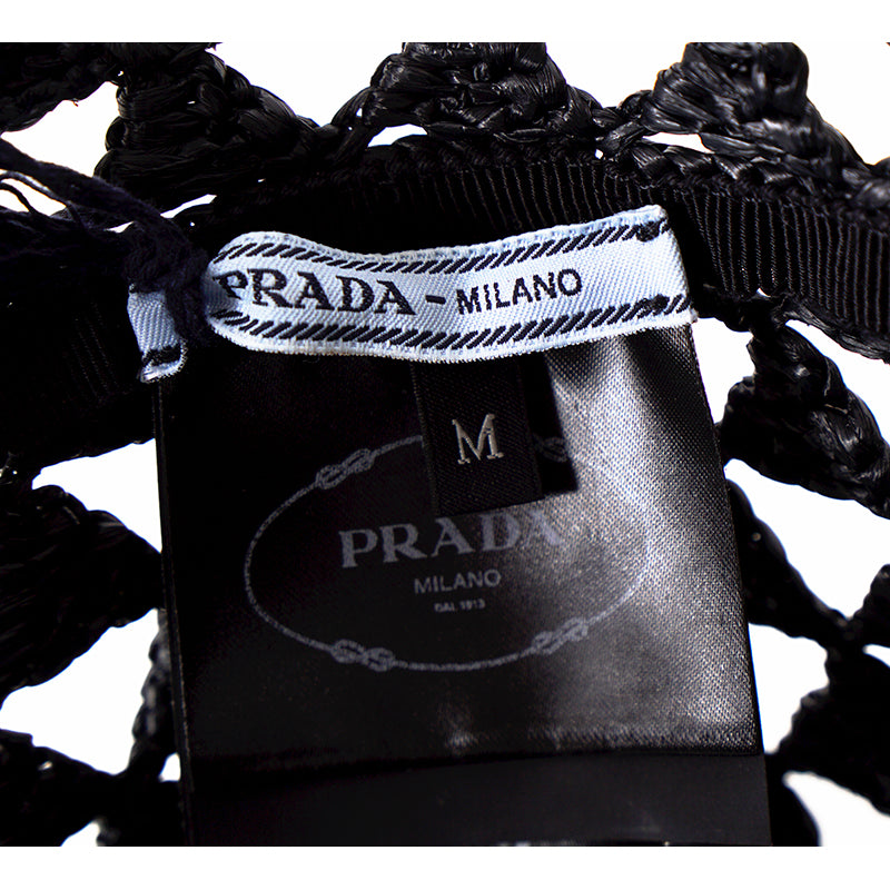 S/M NEW $1,050 PRADA Black CROCHET RAFFIA Viscose LOGO Summer Vacation BUCKET HAT