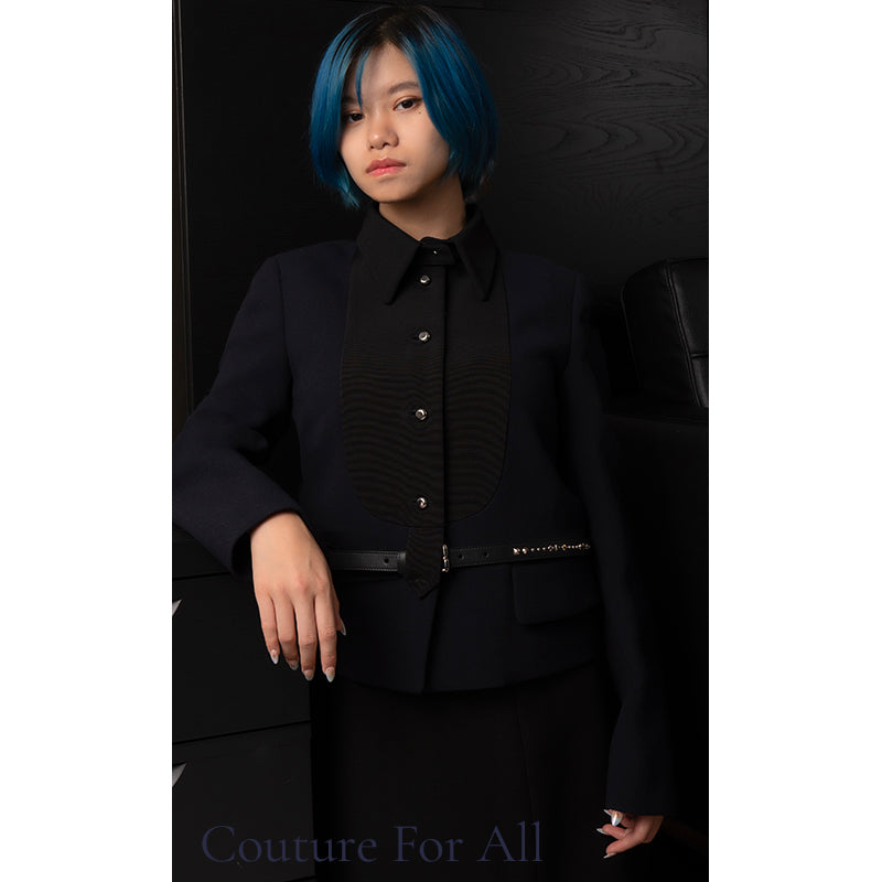 38 NEW $4,100 PRADA Navy BLACK BIB Accent Virgin Wool Point Collar SUIT JACKET