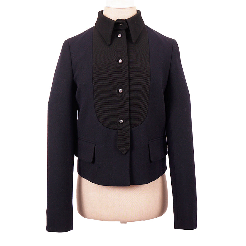 38 NEW $4,100 PRADA Navy BLACK BIB Accent Virgin Wool Point Collar SUIT JACKET