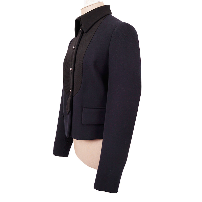38 NEW $4,100 PRADA Navy BLACK BIB Accent Virgin Wool Point Collar SUIT JACKET